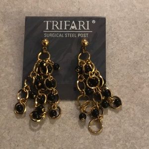 Trifari Black and Gold Beaded Chandelier Earings